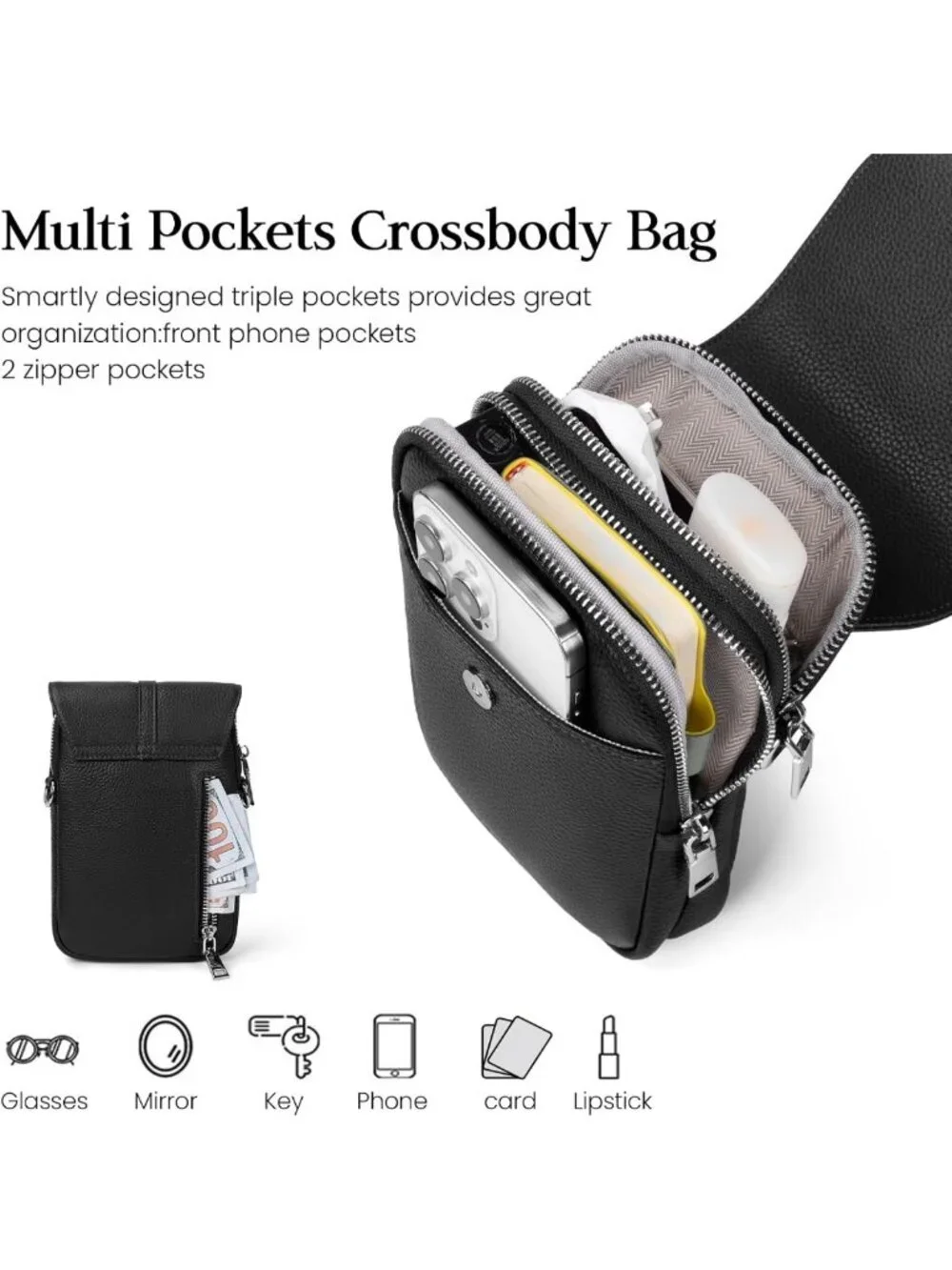Genuine Leather Small Crossbody Bag for Women | RFID Blocking, Multi Pocket